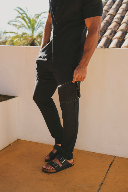 Stretch Linen Blend Single Pleated Trousers in Black