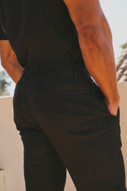 Stretch Linen Blend Single Pleated Trousers in Black