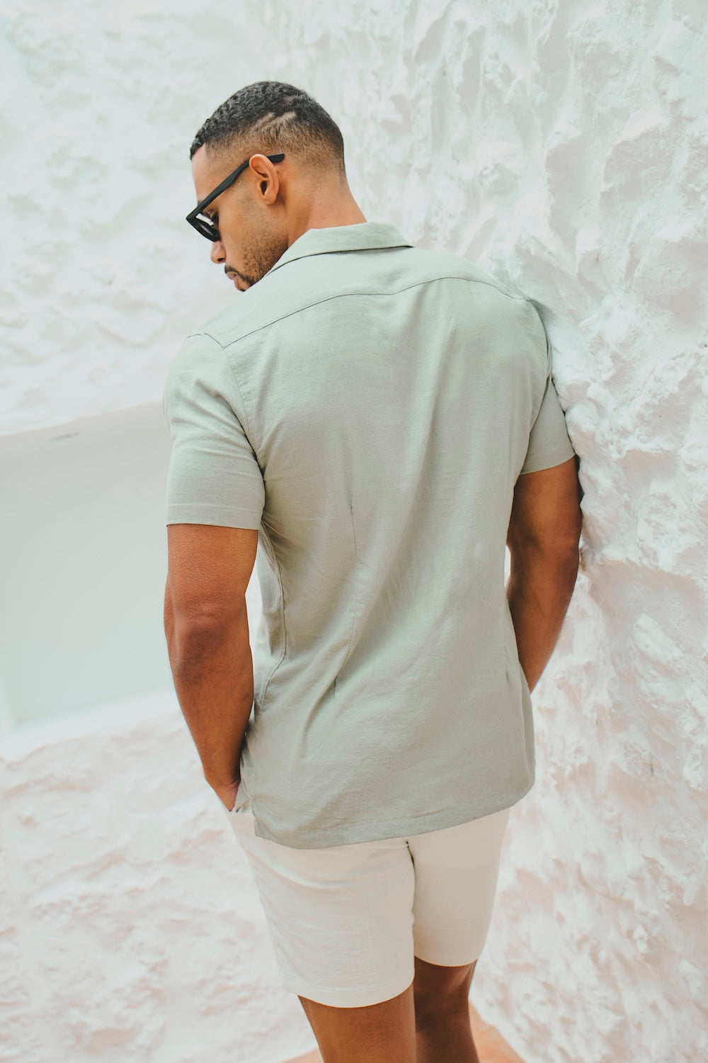 Stretch Linen Blend Cuban Collar Shirt in Soft Sage