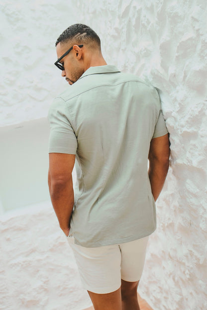Stretch Linen Blend Cuban Collar Shirt in Soft Sage