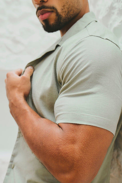 Stretch Linen Blend Cuban Collar Shirt in Soft Sage